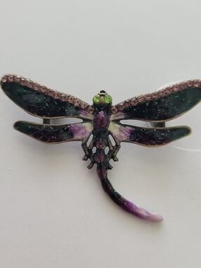 Purple Glitter Dragonfly Brooch Pin Gunmetal Purple Green Rhinestone Retro